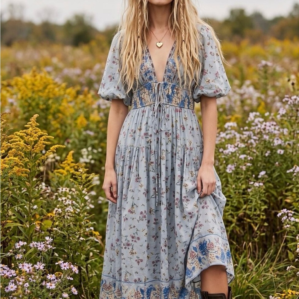 Free People Lysette Maxi Floral Dress in Light Blue